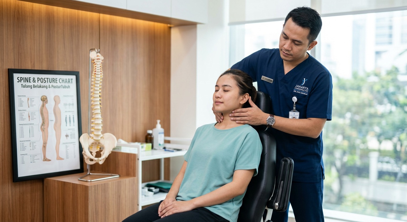 Praktisi kiropraktor profesional melakukan penyesuaian tulang belakang servikal pada pasien di klinik modern Jakarta Selatan